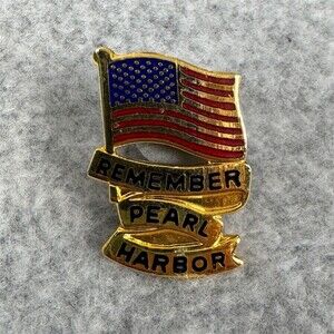 Vintage Remember Pearl Harbor USA Flag Enamel Lapel Pin Patriotic Gold Tone